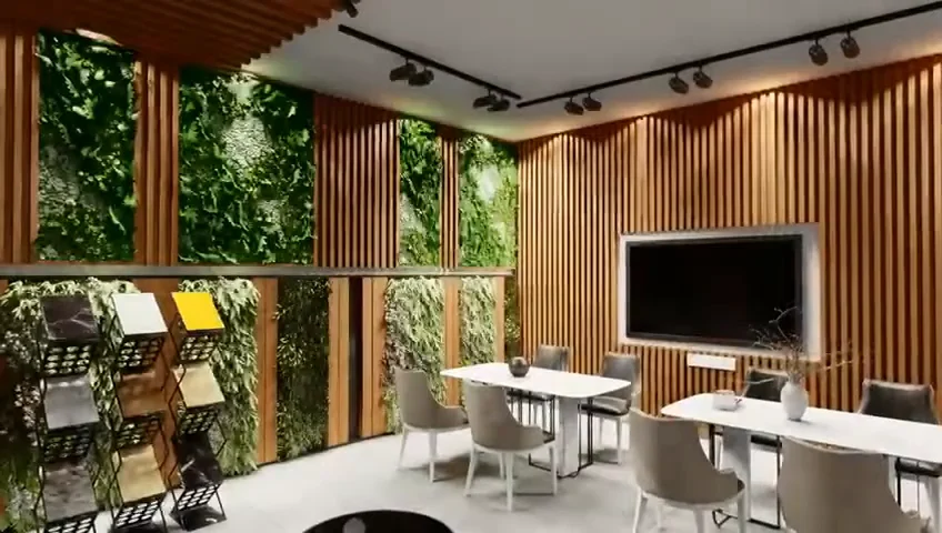 Showroom concept space with planted wall and timber slats